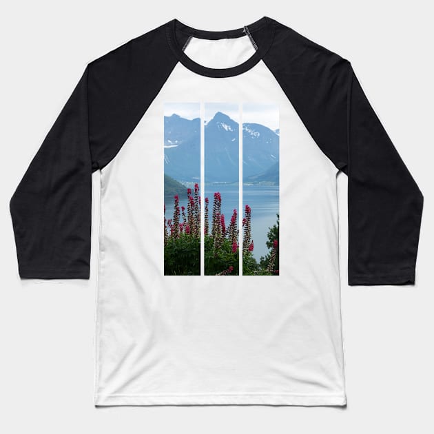 Wonderful landscapes in Norway. Vestland. Beautiful scenery of Romsdal Fjord from the Torvikeidet village. Nice flower composition in foreground. Snowed mountains Summer cloudy day (vertical) Baseball T-Shirt by fabbroni-art